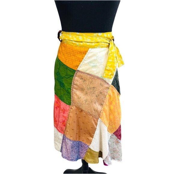 Vintage Boho Cottagecore Patchwork 100% Silk Wrap Skirt By Greater Good Retro - Picture 2 of 7